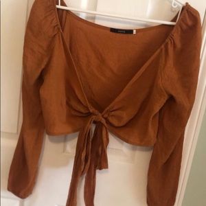 Plunging neck tied bowknot crop blouse